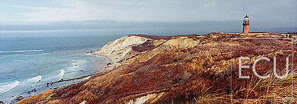 Color photo of Martha's Vineyard in Massachusetts showing the Gay Head section with lighthouse and Atlantic Ocean