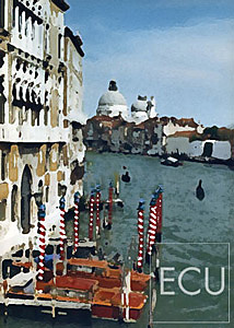 Color photo and impressionistic view of the Grand Canal taken from the Ponte Accademia in Venice, Italy