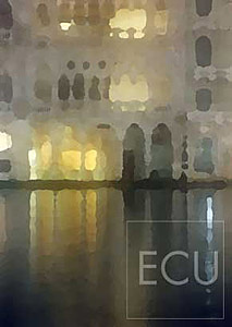 Color photo and impressionist view taken at night of the landmark palazzo Ca' d'Oro on the Grand Canal in Venice, Italy