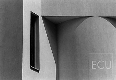 Black and white photograph of abstract modern architecture on the left bank in Paris, France