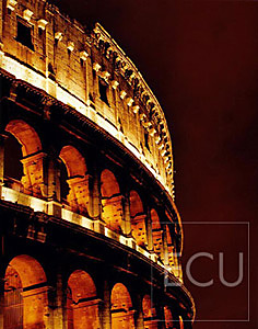 Color photo of the Roman architecture landmark Coliseum shot at night in Rome, Italy