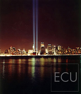 Color photograph taken at night of the Tribute in Light memorializing the destroyed World Trade Center in Manhattan, New York