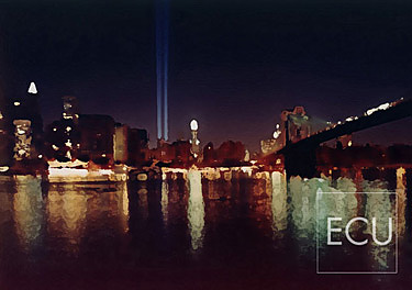 Color photograph and impressionistic view taken at night of the Tribute in Light memorializing the destroyed World Trade Center in Manhattan, New York