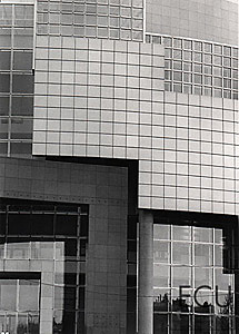 Black and white photo of the new Op&eacute;ra Bastille, a Grand Projet, designed by Carlos Ott near Place de la Bastille, Paris, France