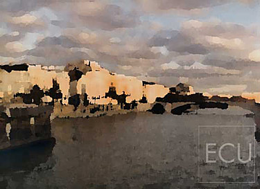 Color photograph and impressionistic view of the Seine taken from the Pont de l'Archevêché looking east toward Ile St. Louis in winter